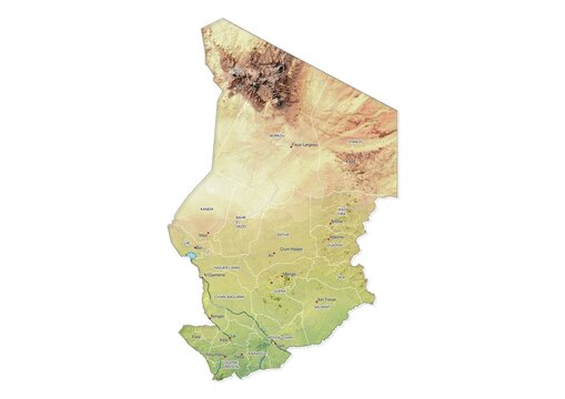 Isolated map of Chad with capital, national borders, important cities, rivers,lakes. Detailed map of Chad suitable for large size prints and digital editing.