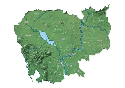 Isolated map of Cambodia with capital, national borders, important cities, rivers,lakes. Detailed map of Cambodia suitable for large size prints and digital editing.