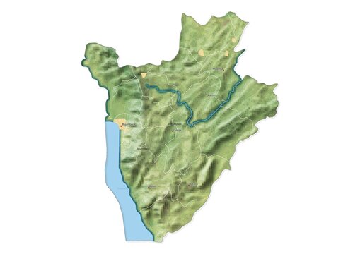Isolated map of Burundi with capital, national borders, important cities, rivers,lakes. Detailed map of Burundi suitable for large size prints and digital editing.