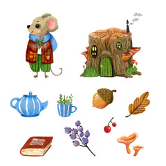 set of elements - a mouse with a house, berries, oak leaves, an acorn, a book, a teapot, a cup, mushrooms on a white background decorative illustrations for stickers, postcards and decor.