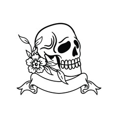 hand drawn skull flower with ribbon doodle illustration for tattoo stickers poster etc