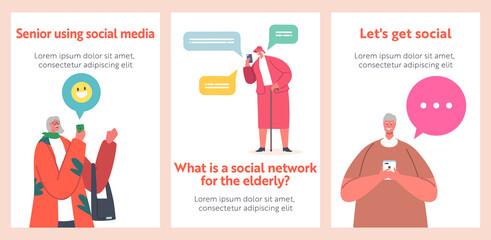 Elderly People Communicate in Social Media Networks Banners. Senior Male Female Characters with Mobile Phones Browsing
