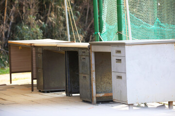 An old office desk left outdoors