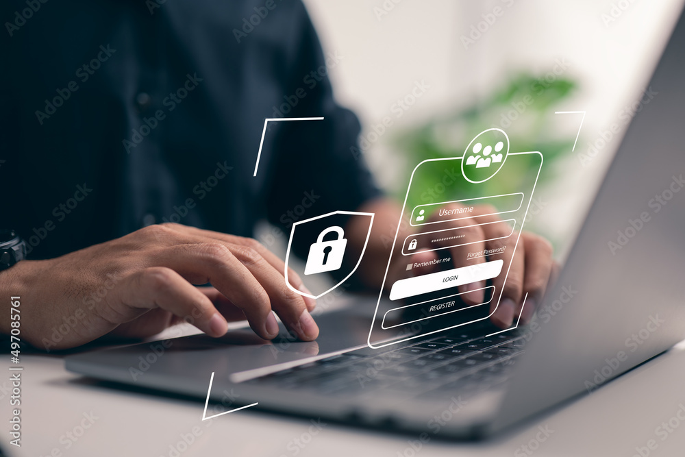 Poster Cybersecurity and privacy ideas are used to keep data safe. The lock icon and technology that protects the internet. Personal information on laptops and in virtual environments.