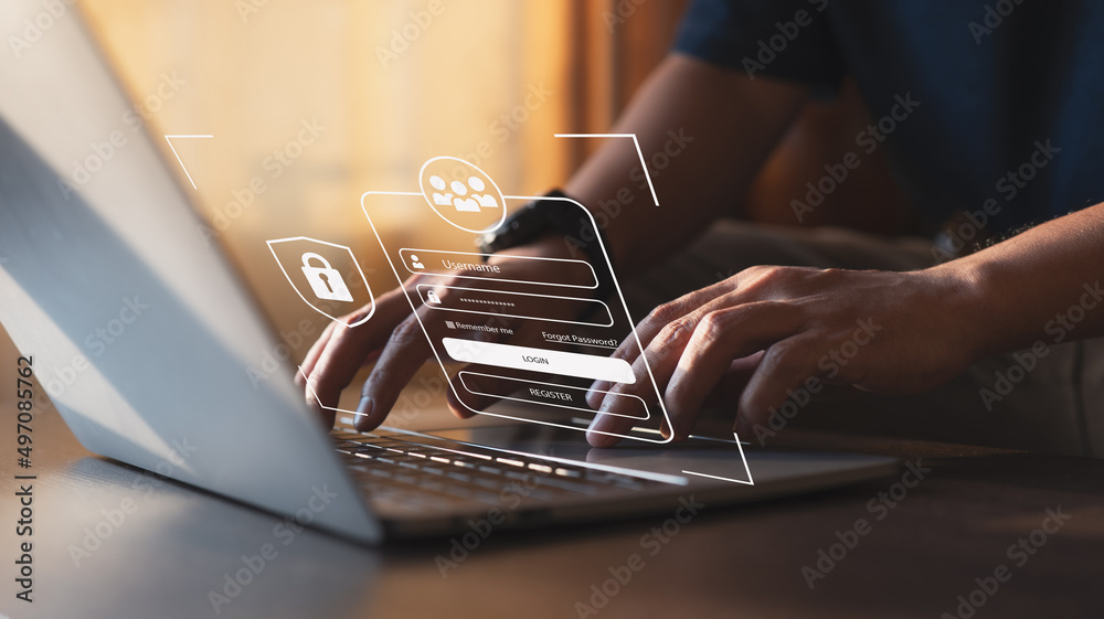 Poster To secure data, cybersecurity and privacy ideas are used. Internet network security technologies and the lock symbol. Personal data is protected on laptops and virtual interfaces by businesspeople.
