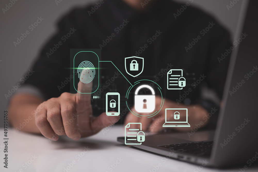 Poster Fingerprint scanning and biometric authentication, cybersecurity and a fingerprint password, the future of technology and cybernetics, and more. Cybersecurity and protecting your data.