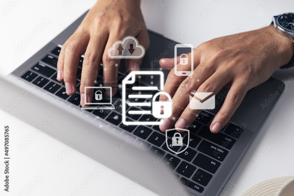 Poster concept of data protection with a man using a laptop