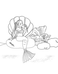Cute line art mermaid sitting on the rock with a big shell behind, colouring page for happy kids do activity.