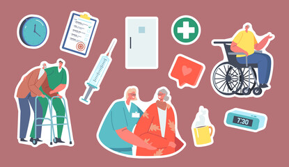 Set of Stickers Medical Care of Elderly People. Medics Help Old Disabled People in Clinic. Social Worker Care of Seniors