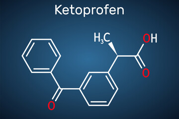 Ketoprofen molecule. It is a propionic acid derivative, nonsteroidal anti-inflammatory drug NSAID. Structural chemical formula on the dark blue background.