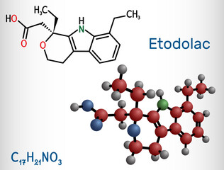 Etodolac molecule. It is nonsteroidal anti-inflammatory drug NSAID with analgesic and antipyretic properties. Structural chemical formula, molecule model