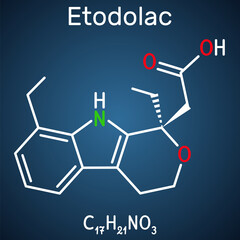 Etodolac molecule. It is nonsteroidal anti-inflammatory drug NSAID with analgesic and antipyretic properties. Structural chemical formula on the dark blue background