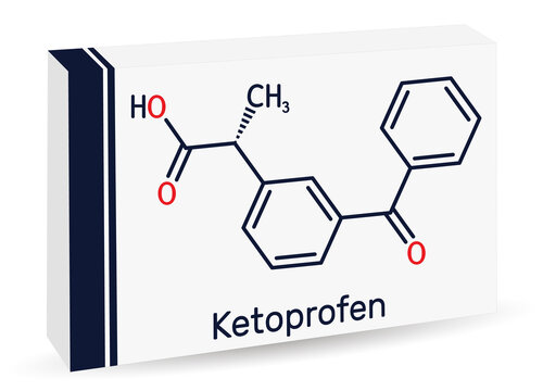 Ketoprofen molecule. It is a propionic acid derivative, nonsteroidal anti-inflammatory drug NSAID. Skeletal chemical formula, Paper packaging for drugs,