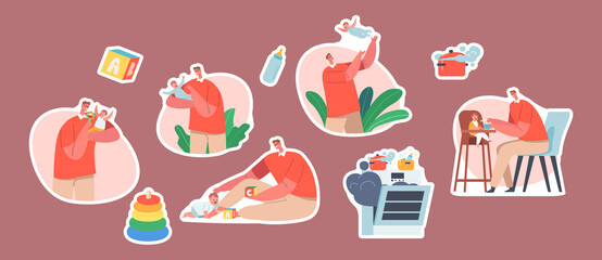 Set of Stickers Single Father on Maternity Leave Care of Child. Dad Feeding, Cooking, Play with Newborn Daughter or Son
