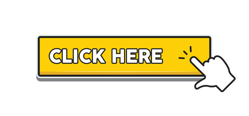 Click here button with hand clicking icon. Vector design.