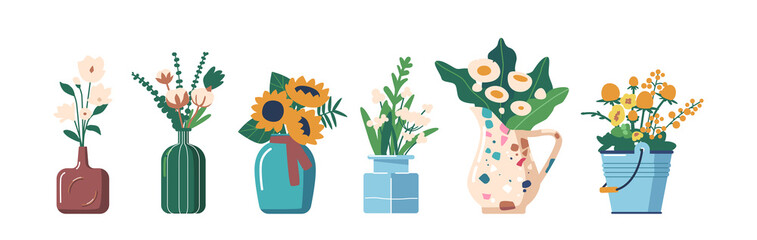 Set of Icons Beautiful Blossoms, Flower Bouquets Isolated on White Background. Chamomile, Cotton and Sunflower in Vases