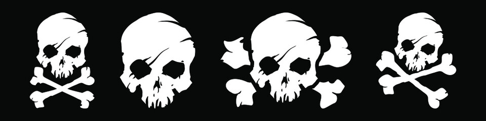 Set of white skull with crossed bones icon illustration. Comic style. T-shirt print for Horror or Halloween. Hand drawing illustration isolated on black background. Vector EPS 10.