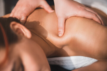Obraz na płótnie Canvas Body care. The masseur gives a young girl a massage, rests in the spa, close-up. Skin care concept