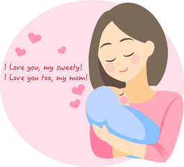 Happy Mother's Day Greeting Card Illustration, Mother holding baby in arms, vector, EPS10