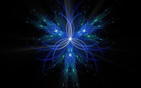 abstract illustration of a computer generated fantastic flower of various shapes and shades on a black background for use in symbology, signs for digital design and graphics