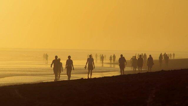 many silhouettes of people walking carelessly along the sea