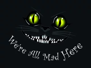 Foto op Aluminium Cheshire cat smile vector illustration with quote on dark background © Oleksandr