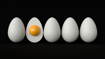 Easter eggs on black background. White easter eggs. 3d render illustration