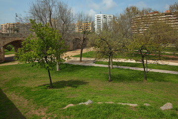 Public park in old riverbed of river Turia in Valencia,Spain,Europe
