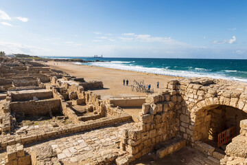 View of the ruins of the ancient city of Caesarea on the Mediterranean coast, National Park. Israel