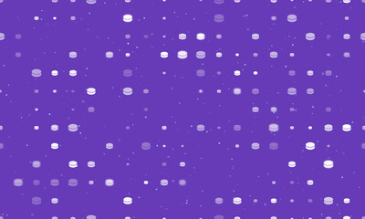 Seamless background pattern of evenly spaced white hockey pucks of different sizes and opacity. Vector illustration on deep purple background with stars