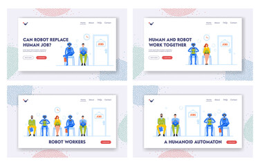 Robots Workers Landing Page Template Set. Human and Droids Waiting in Lobby Sit on Chairs. Characters Hiring at Company