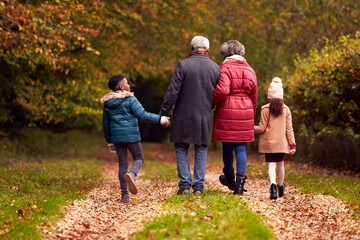 Rear View Of Grandparents Holding Hands With Grandchildren On Walk Through Autumn Countryside - Powered by Adobe