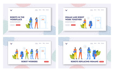 Naklejka na ściany i meble Cyborg VS People Workers Landing Page Template Set. Robots and Human Stand in Queue Waiting Interview in Office Lobby