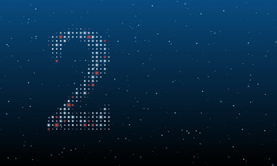 On the left is the number two symbol filled with white dots. Background pattern from dots and circles of different shades. Vector illustration on blue background with stars