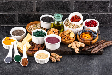 Various superfoods and healthy food supplement.