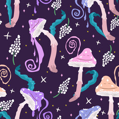 Psychedelic mushrooms seamless pattern. Magical trippy fungi.