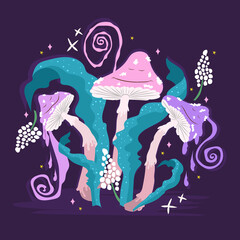 Psychedelic mushrooms background. Magical trippy fungi.