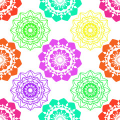 Seamless vector pattern of a mandala of bright colors on a white background. Ethnic drawing.