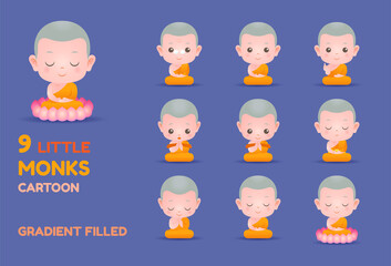 little monk cartoon vector illustration set - obrazy, fototapety, plakaty