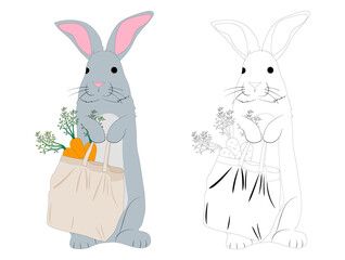 hand-drawn rabbit holding a carrot bag