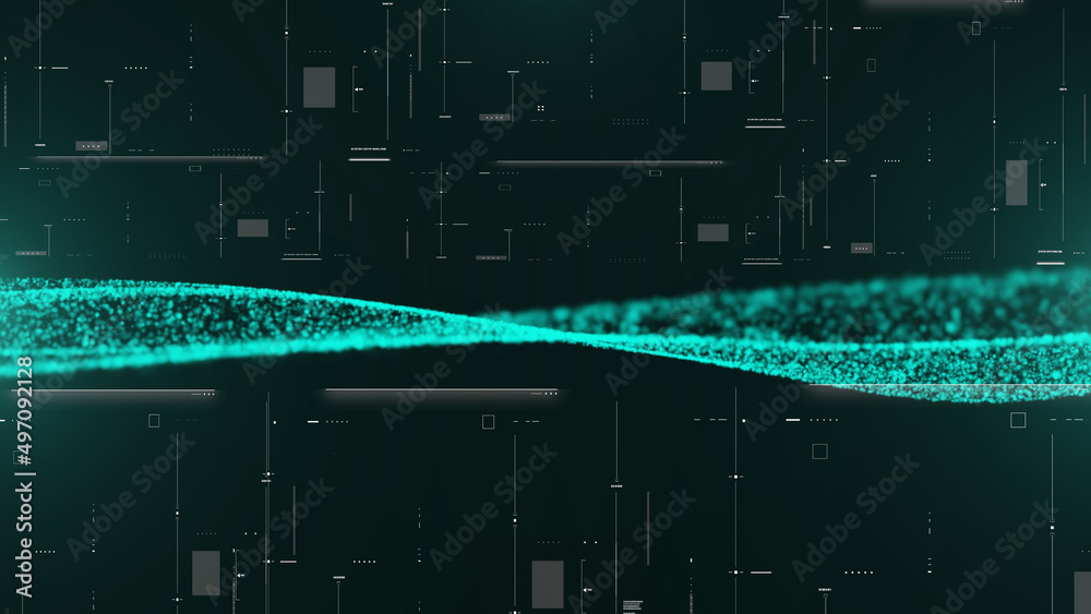 Aufkleber Abstract Green Particle Wave Digital Data Flow Transferring Technology Concept on HUD System Monitoring Illustration Background.