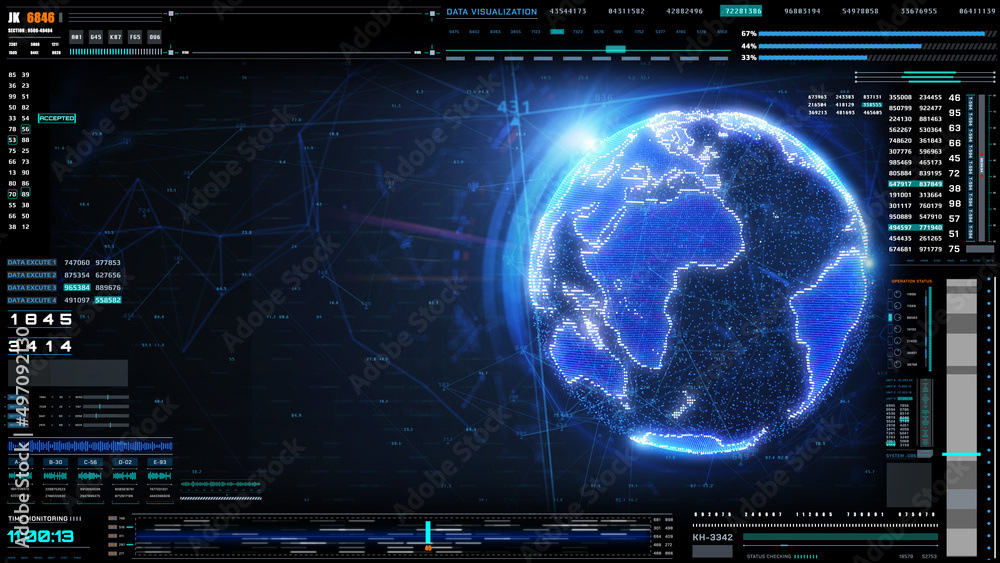 Poster HUD Futuristic Panel Scanning Blue Digital Earth Hologram 3D Rendering UI Display. Abstract Technology Location Security Tracking System Information Illustration Background.
