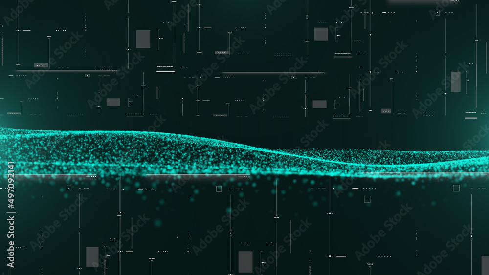 Aufkleber Abstract Green Dynamic Particle Wave Digital Data Flowing Technology Concept on HUD System Monitoring Illustration Background.