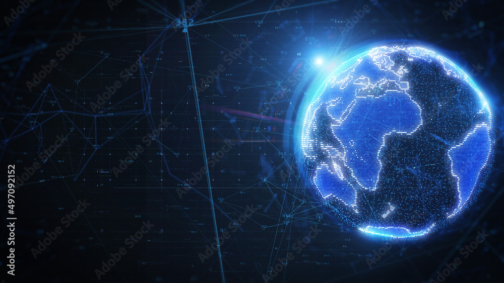 Aufkleber Technology Digital 3D Rendering Blue Earth Rotation Concept with Connection Line Number Data Network Simulation Illustration Background. Futuristic Scientific Global Communication Infographic.