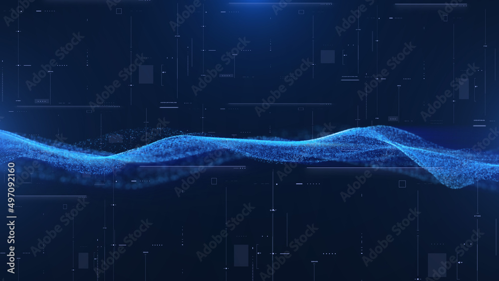 Poster Digital Futuristic Graphic of Blue Particles Wave Flowing in Virtual Reality Universe on HUD Interface System Illustration Background.
