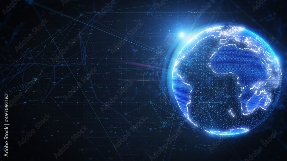Aufkleber Abstract Digital 3D Rendering Blue Earth Spinning Concept with Connection Data Stream Line Network Simulation Illustration Background. Futuristic Scientific Global Communication Infographic.