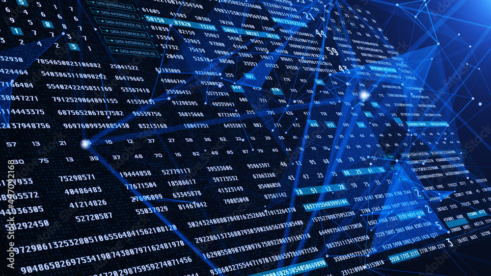 Aufkleber HUD Digital Number Data Statistic Sampling Security Simulation Concept Illustration Background. Blue 3D Communication Line Encoding Information System Transfer Idea Design.