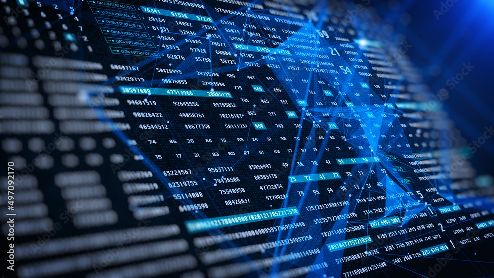 Aufkleber HUD Digital Number Data Sampling Simulation Concept Illustration Background. Blue 3D Plexus Communication Line Encoding Information System Transfer Idea Design.