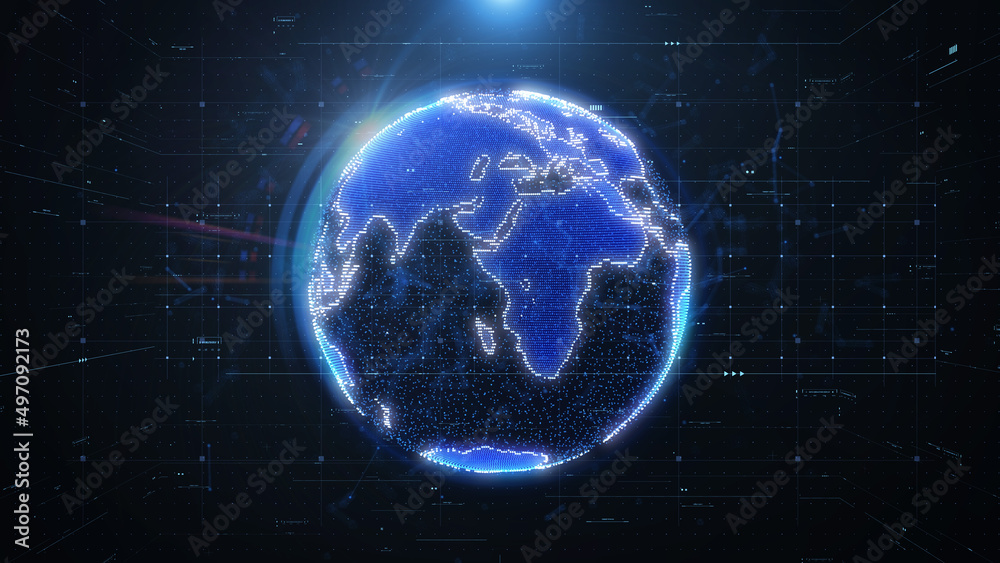Poster abstract 3d rendering blue earth global science futuristic on top center flare in universe concept g