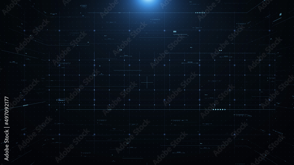Poster HUD Blue Flare Screen Digital Information Data Monitoring System Technology Illustration. Concept of Cyber Space Grid Area Pattern Texture Information For Screensaver, Game, Background.